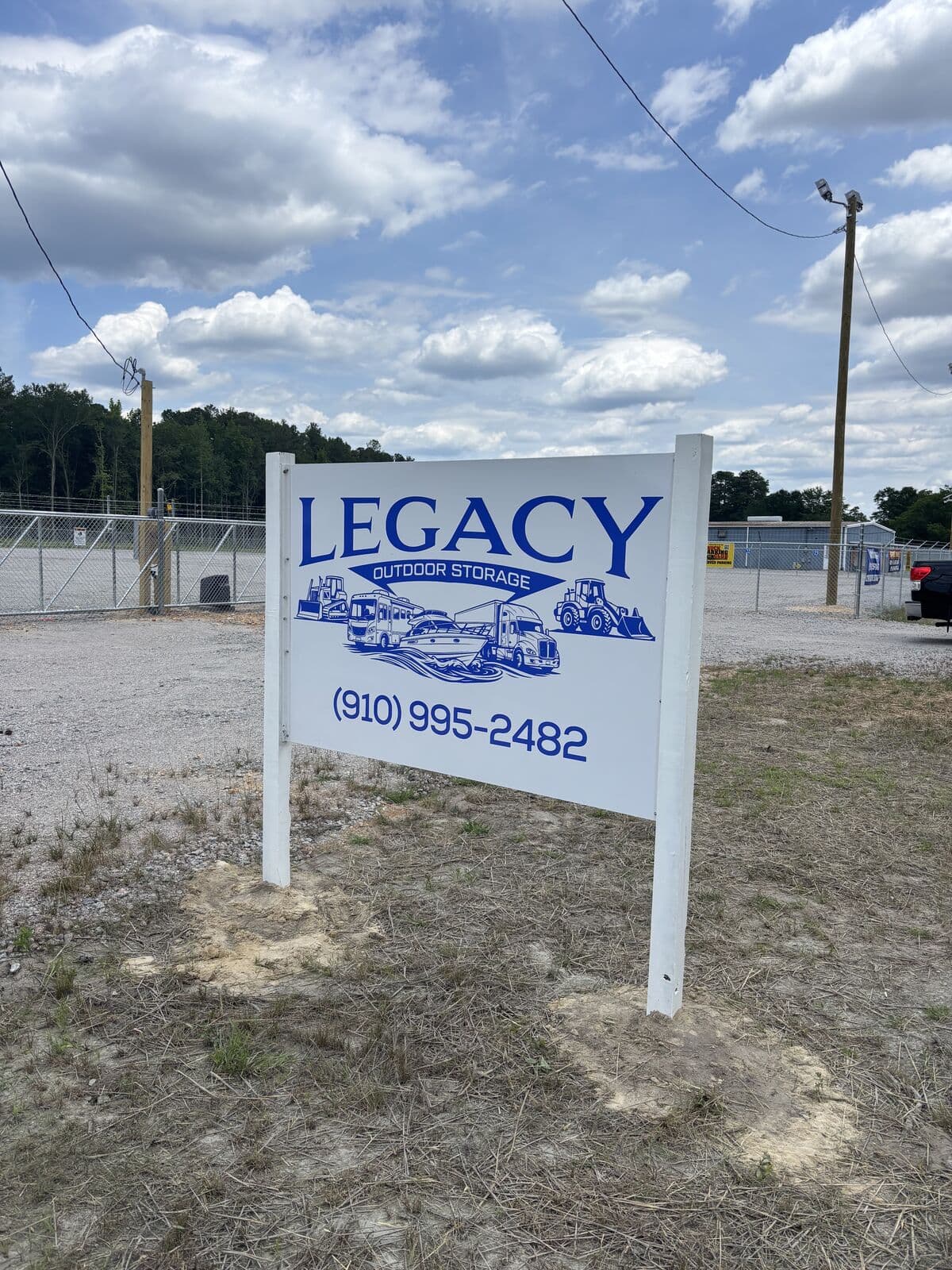 Legacy Outdoor Storage sign at the facility entrance in Hamlet, NC